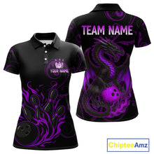 Load image into Gallery viewer, Black And Purple Flame Custom Dragon Bowling Team Shirts For Women, Bowling Uniform Outfit NQS9963