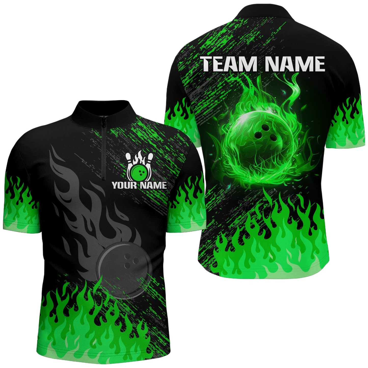 Personalized black and green Flame bowling Polo, Quarter Zip shirts for Men, custom bowling jerseys NQS8292