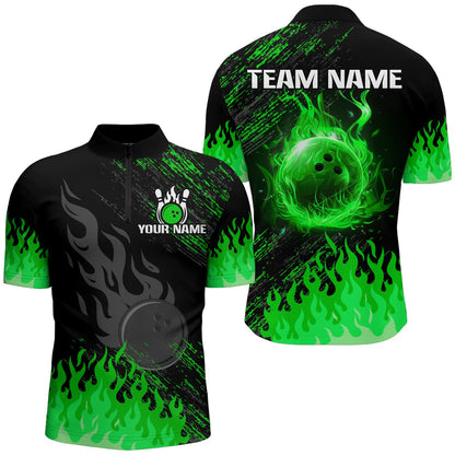 Personalized black and green Flame bowling Polo, Quarter Zip shirts for Men, custom bowling jerseys NQS8292