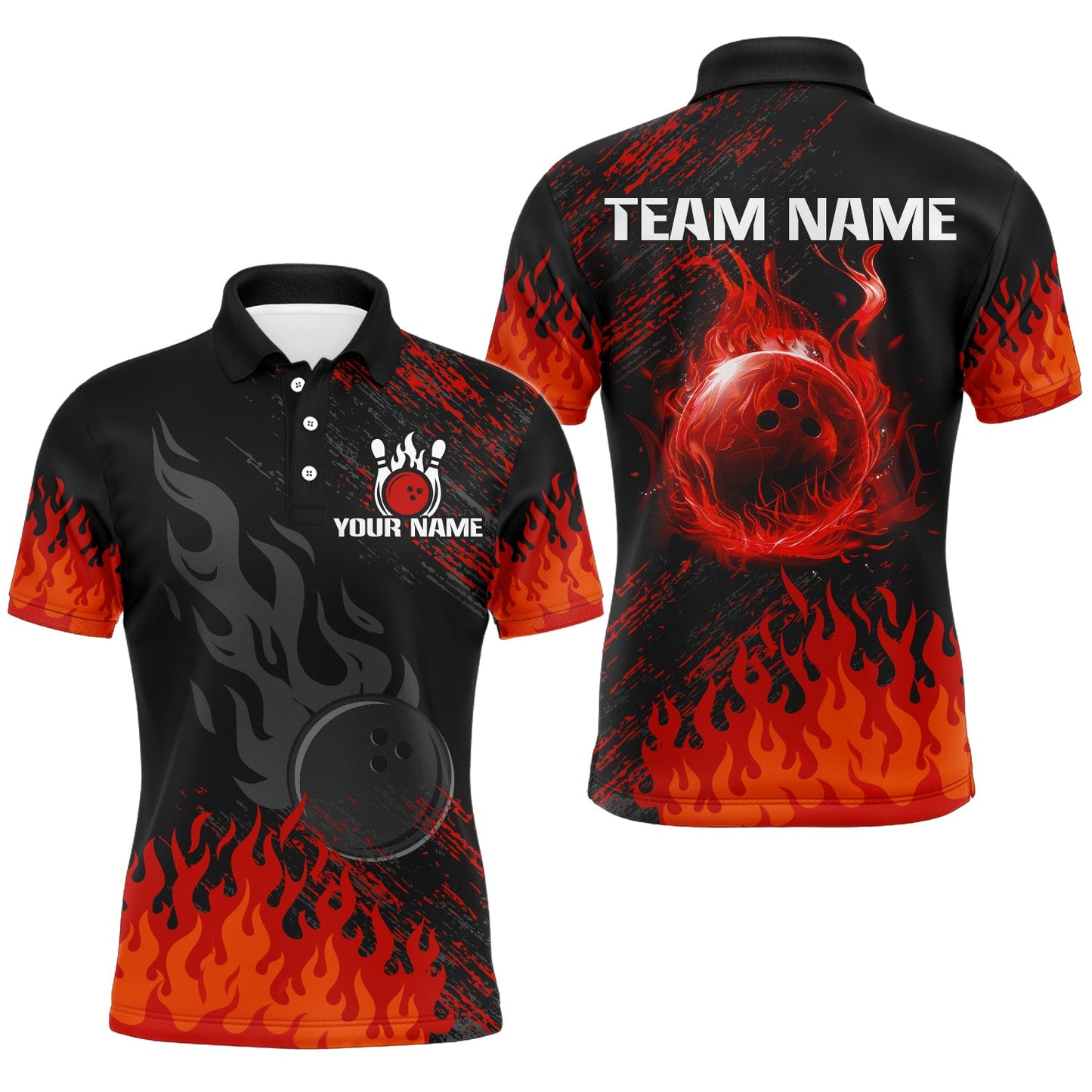 Personalized black and red Flame bowling Polo, Quarter Zip shirts for Men, custom bowling jerseys NQS8293