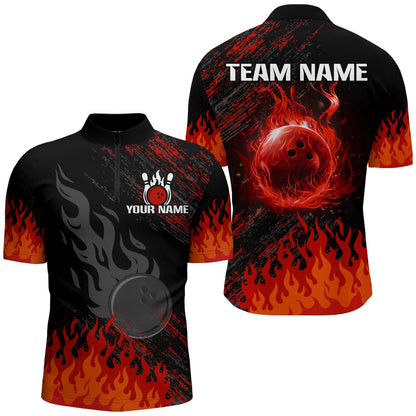 Personalized black and red Flame bowling Polo, Quarter Zip shirts for Men, custom bowling jerseys NQS8293