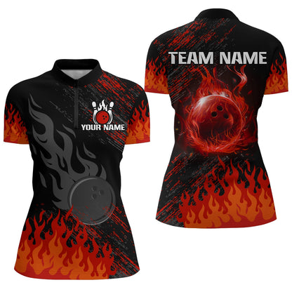 Personalized black and red Flame bowling Polo, Quarter Zip shirts for Women, custom bowling jerseys NQS8293