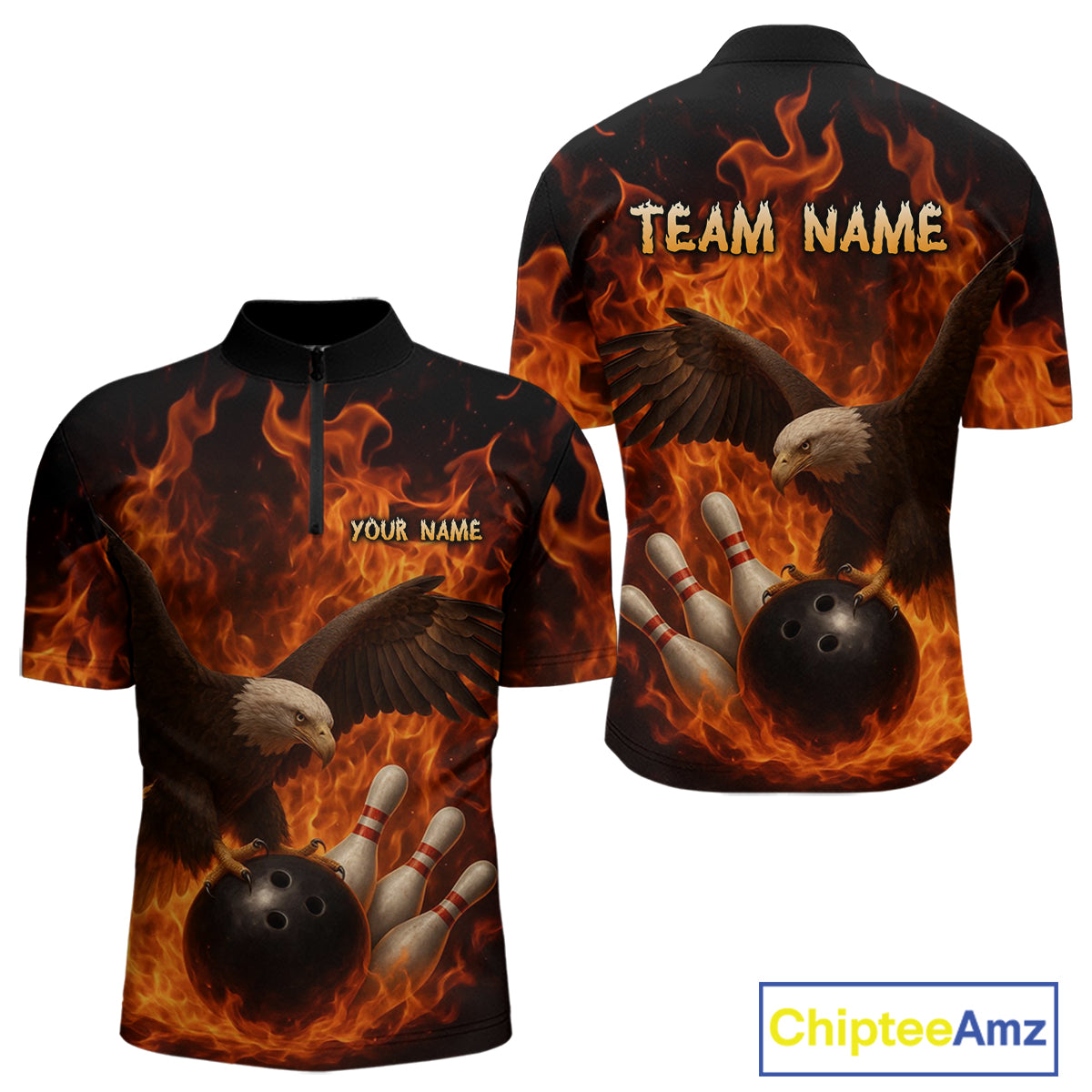 Flame Eagle Bowling Polo, Quarter Zip Shirts For Men Custom Eagle Bowling Team Jerseys NQS9972