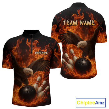 Flame Eagle Bowling Polo, Quarter Zip Shirts For Men Custom Eagle Bowling Team Jerseys NQS9972
