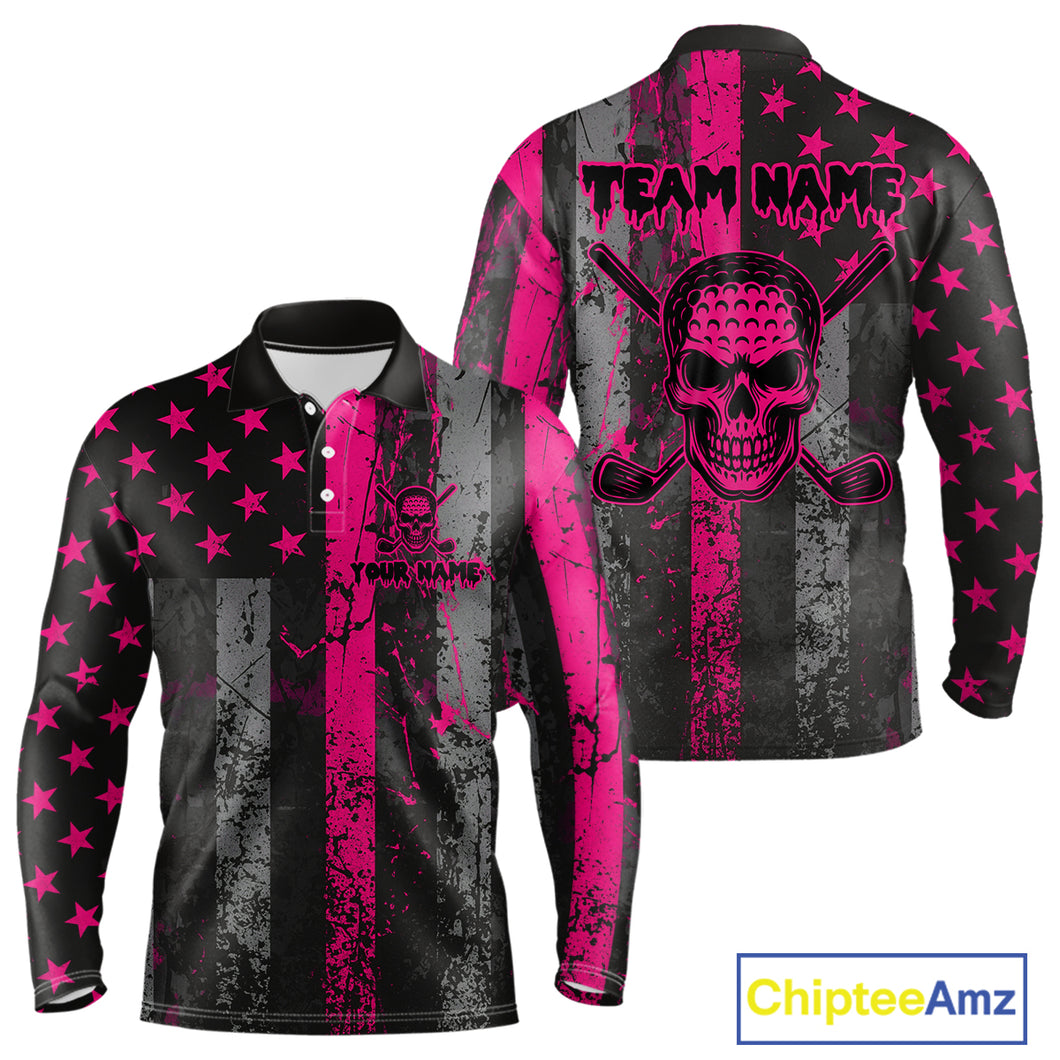 Custom Pink Grunge American Flag Patriotic Skull Golf Shirt For Men, Retro Mens Golf top NQS10482