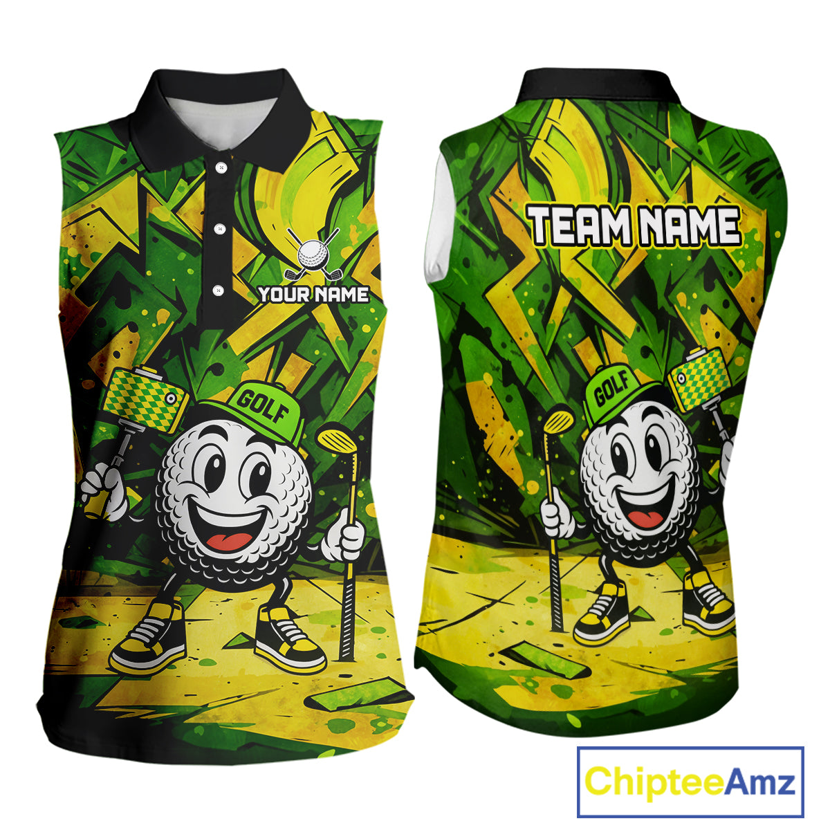 Green and Yellow camo funny golf ball Women sleeveless polo shirt custom team golf outfits for ladies NQS10176