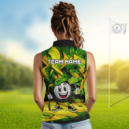 Green and Yellow camo funny golf ball Women sleeveless polo shirt custom team golf outfits for ladies NQS10176