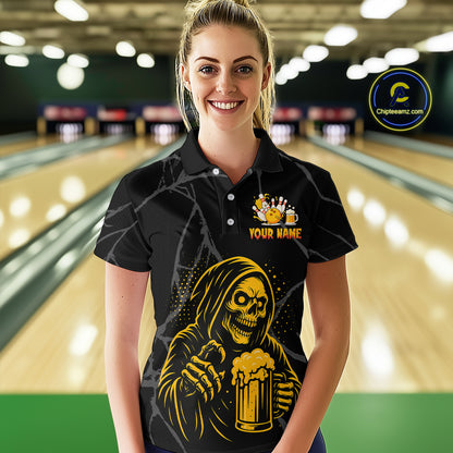 Bowling And Beer Custom Skull Bowling Shirts For Women, Halloween Bowling Outfits NQS10518