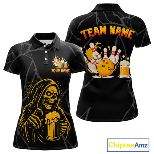 Bowling And Beer Custom Skull Bowling Shirts For Women, Halloween Bowling Outfits NQS10518