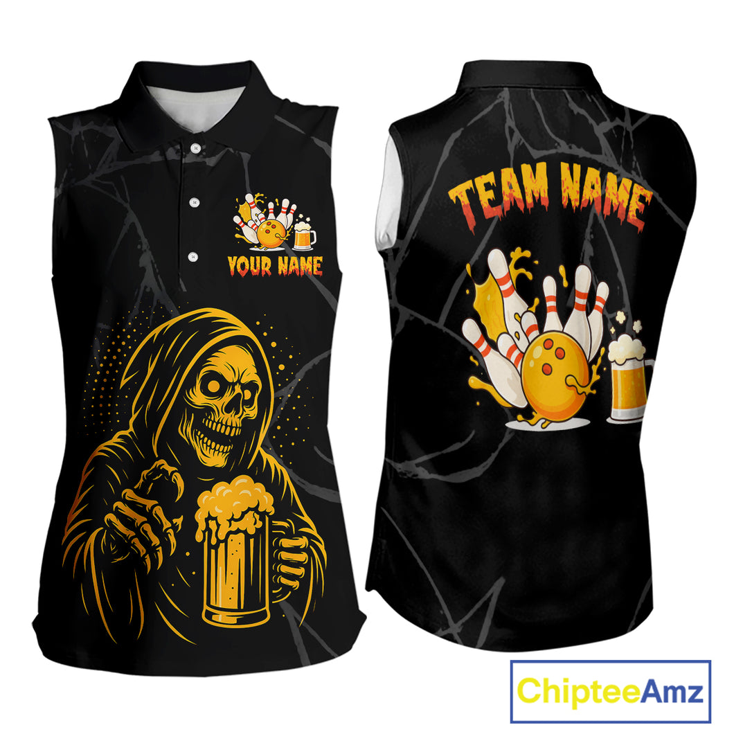 Bowling And Beer Custom Skull Bowling Sleeveless Polo shirt, Halloween Bowling Outfits NQS10518