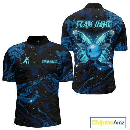 Blue Butterflies Bowling Polo, Quarter-Zip Shirts For Men Custom Team Bowling League Jersey NQS10578