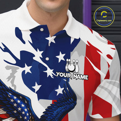 Red, White and Blue American Flag Eagle Bowling Shirts For Men Custom Patriotic Bowling Team Jerseys NQS10639