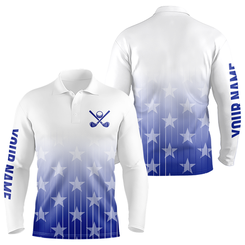 Personalized blue stars pattern white golf polos shirts for men custom gifts for the golfer NQS9965