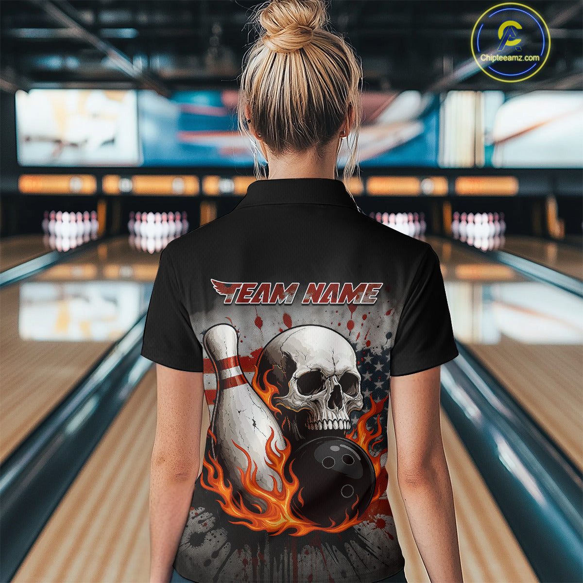 Personalized American Flag Flame Skull Bowling Shirts For Women Custom Patriotic Bowling Team Jersey NQS10462