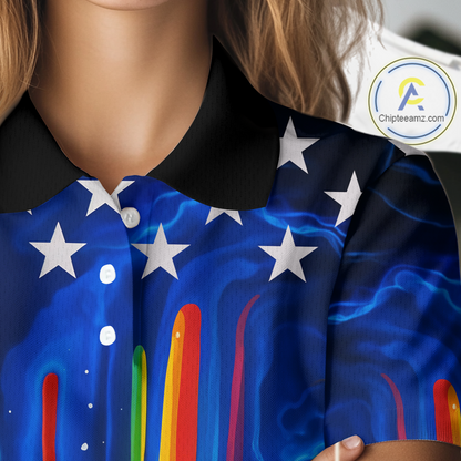 Blue lightning thunder rainbow American Flag Women golf polos Custom patriotic ladies golf outfit NQS10154