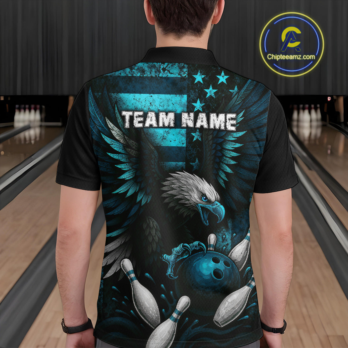 Custom Turquoise Vintage Us Flag Patriotic Eagle Bowling Shirt For Men, Retro Bowling Team Jerseys NQS10477