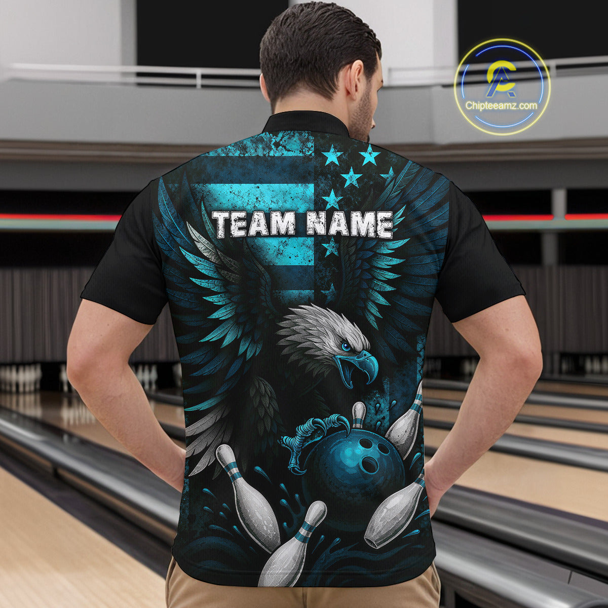 Custom Turquoise Vintage Us Flag Patriotic Eagle Bowling Shirt For Men, Retro Bowling Team Jerseys NQS10477