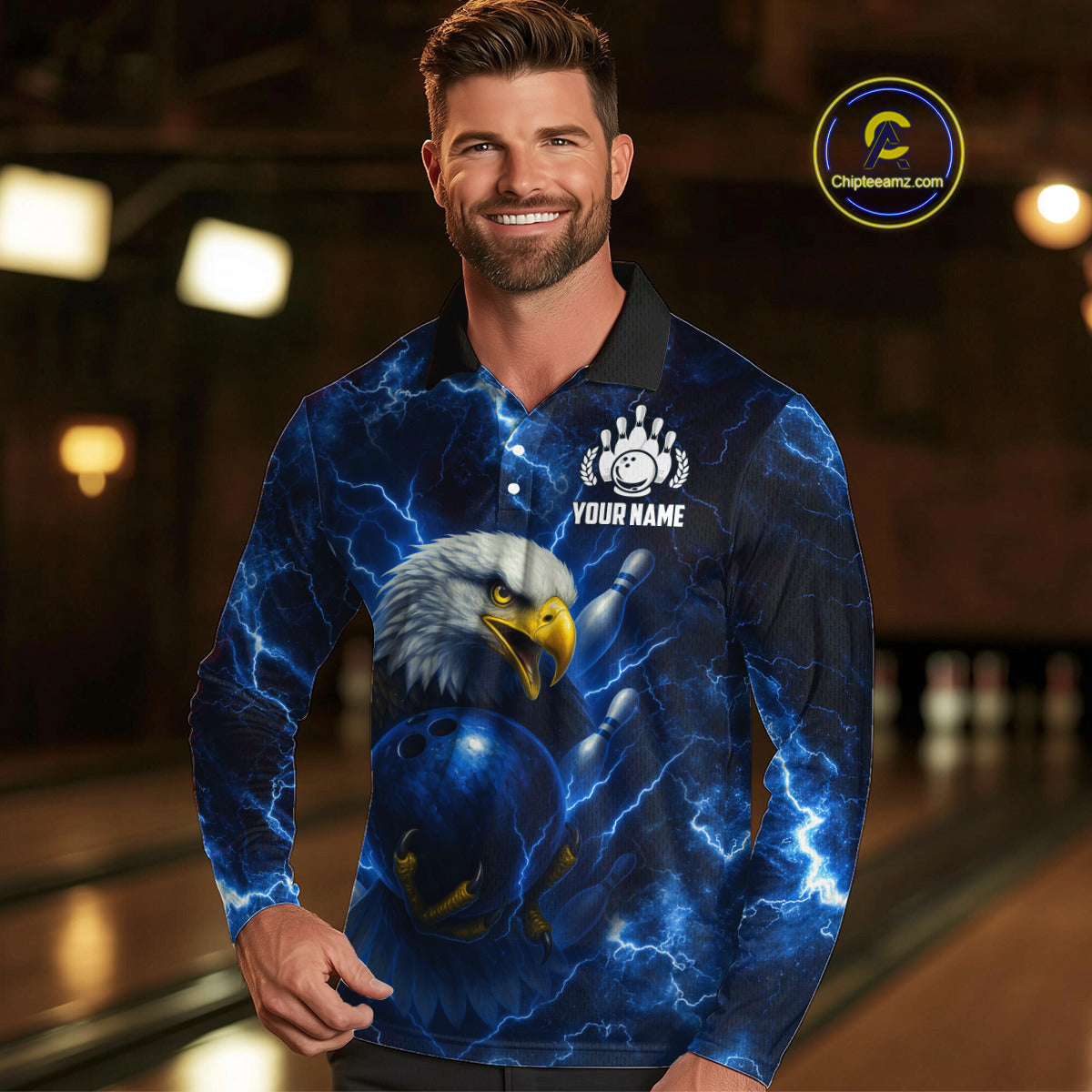 Mens bowling shirts Custom Eagle blue lightning thunder Bowling Team Jersey, gift for Bowlers NQS10336