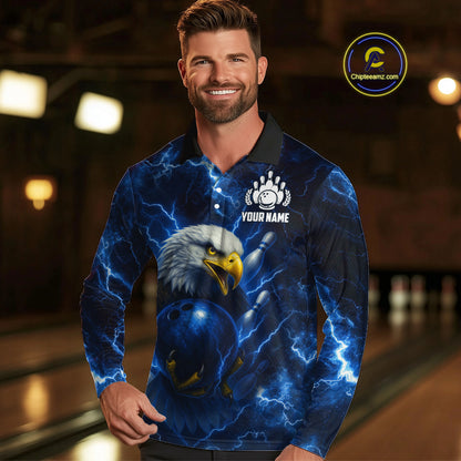 Mens bowling shirts Custom Eagle blue lightning thunder Bowling Team Jersey, gift for Bowlers NQS10336