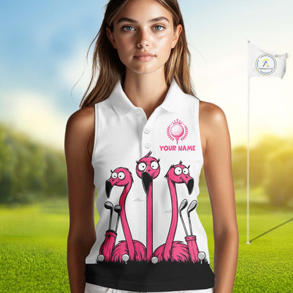 Funny pink flamingo friends white Women sleeveless polo shirt Custom flamingo ladies golf outfits NQS10201