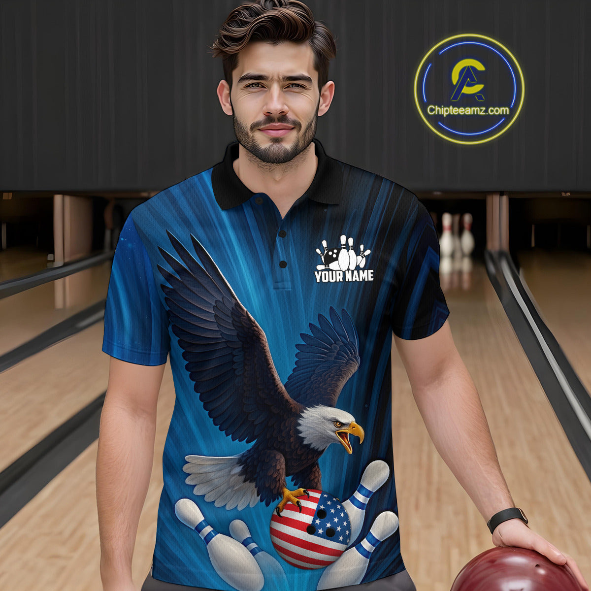 Blue Light Eagle American Flag Men's Bowling Polo, 1/4 Zip Shirt Custom Patriotic Team Bowling jersey NQS10350