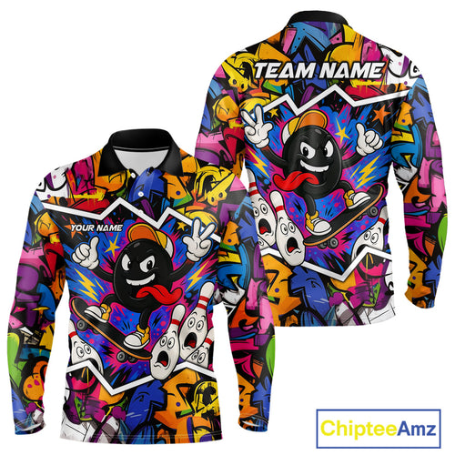 Colorful graffiti pattern Funny Bowling polo, quarter zip shirts for men custom Bowling team jerseys NQS10389