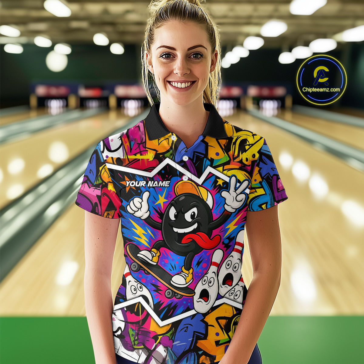 Colorful graffiti pattern Funny Bowling polo, quarter zip shirts for Women custom Bowling team jersey NQS10389