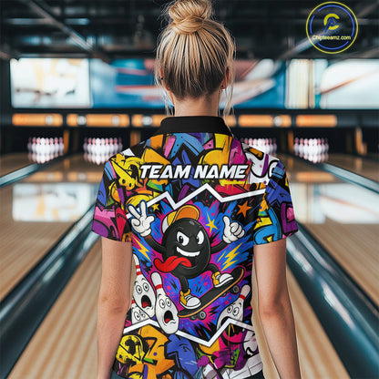 Colorful graffiti pattern Funny Bowling polo, quarter zip shirts for Women custom Bowling team jersey NQS10389