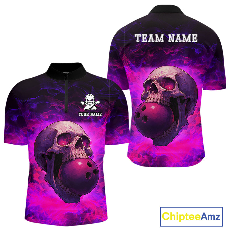 Custom Pink Flame Skull Halloween Bowling Shirts For Men, Personalized Team Bowling Jersey outfit NQS10401