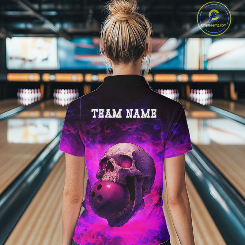 Custom Pink Flame Skull Halloween Bowling Shirts For Women, Personalized Team Bowling Jersey outfit NQS10401