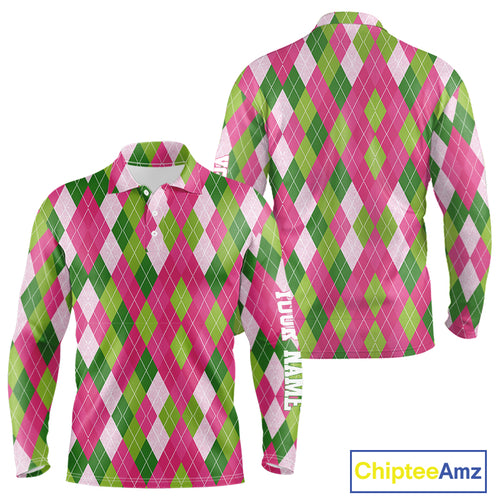 Pink and Green argyle pattern Mens golf polo shirt custom golf jerseys, personalized golf apparel NQS10408