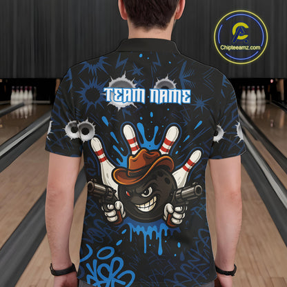 Funny Black and Blue Bowling Cowboy gun Men bowling polo, 1/4 zip shirts Custom bowling team jersey NQS10617