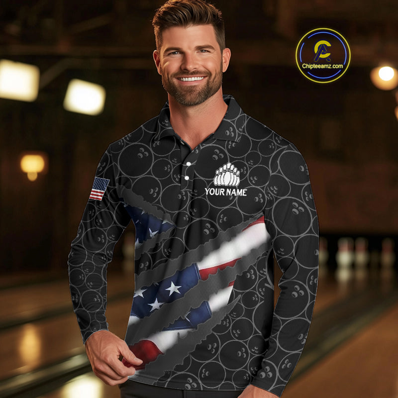 American Flag Mens Bowling Shirt Custom Bowling Jersey for Team Patriotic Bowlers Polo, 1/4 zip Shirt NQS10427