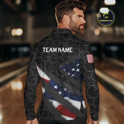 American Flag Mens Bowling Shirt Custom Bowling Jersey for Team Patriotic Bowlers Polo, 1/4 zip Shirt NQS10427