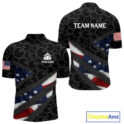 American Flag Mens Bowling Shirt Custom Bowling Jersey for Team Patriotic Bowlers Polo, 1/4 zip Shirt NQS10427