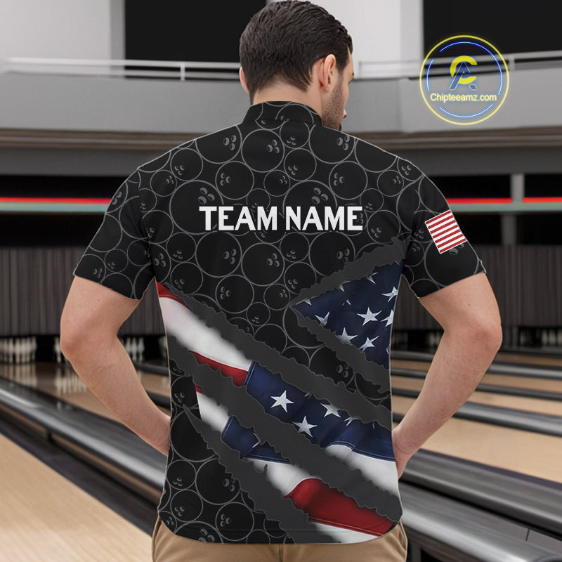 American Flag Mens Bowling Shirt Custom Bowling Jersey for Team Patriotic Bowlers Polo, 1/4 zip Shirt NQS10427