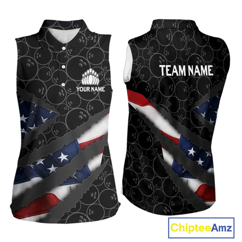 American Flag Sleeveless polo Shirt Custom Bowling Jersey for Team Patriotic Bowler Button up Shirt NQS10427