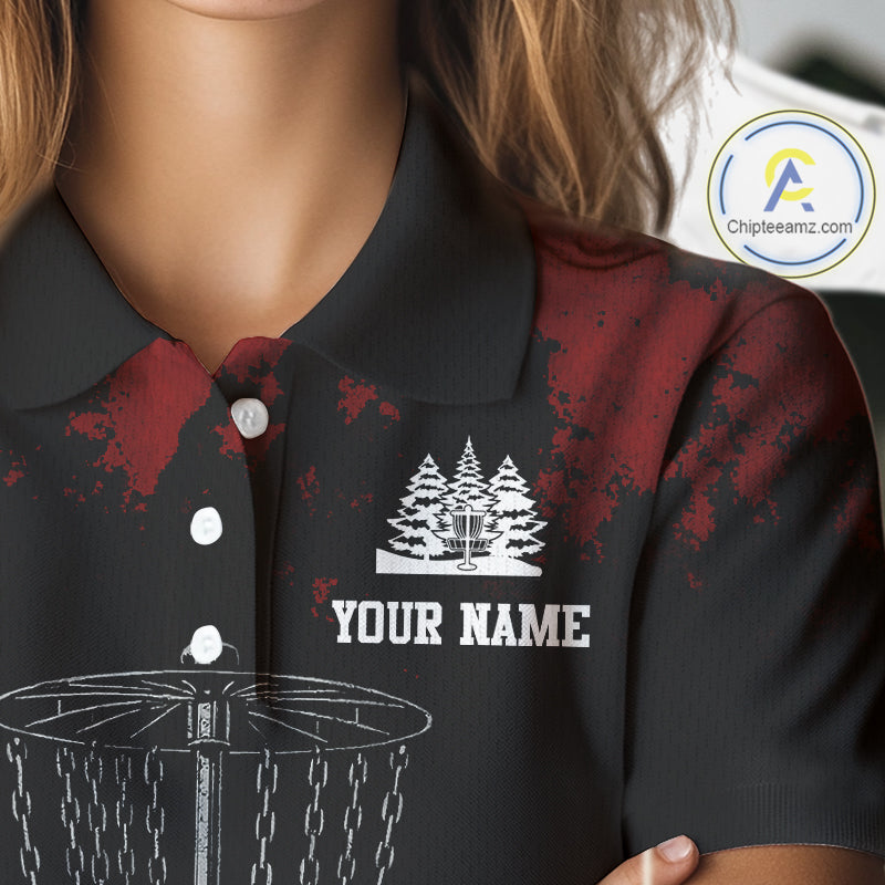 Black and Red Disc golf basket chain Women disc golf polo shirt custom disc golf outfit for team NQS10438