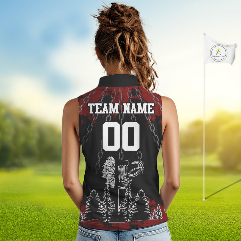 Black and Red Disc golf basket chain Women sleeveless polo shirt custom disc golf outfit for team NQS10438