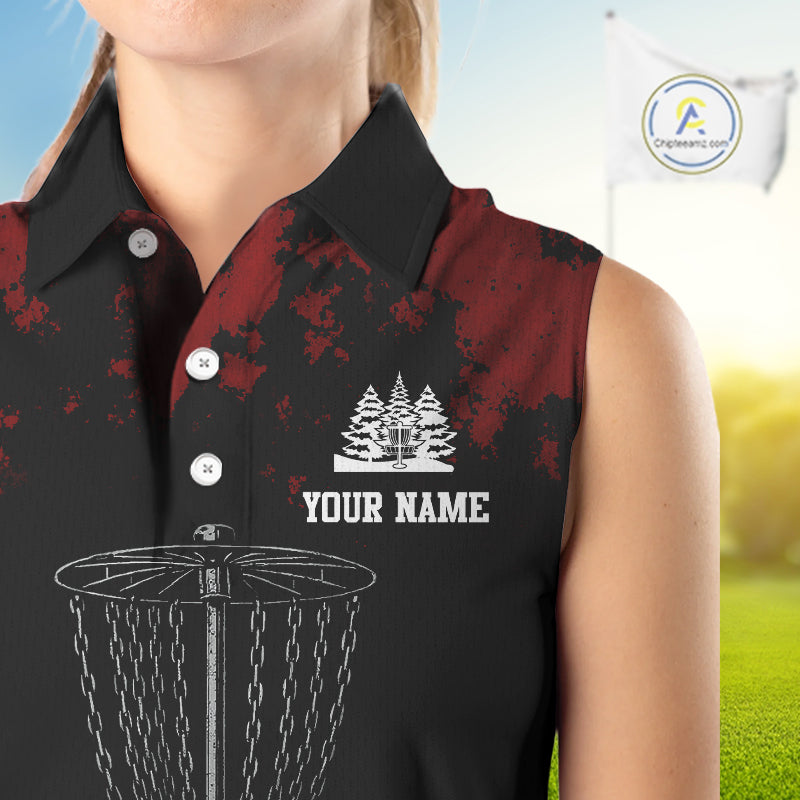 Black and Red Disc golf basket chain Women sleeveless polo shirt custom disc golf outfit for team NQS10438