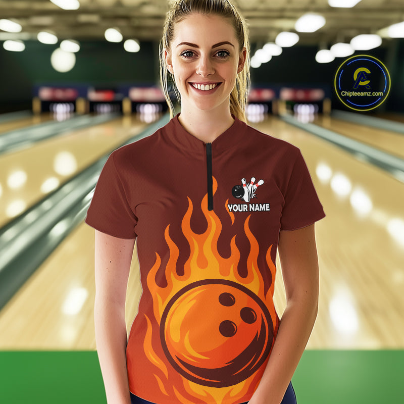 Orange Flame Bowling Polo, Quarter Zip Shirts for Women Custom Bowling Team League Jersey NQS10445