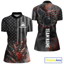 Load image into Gallery viewer, Black Smoke American Flag Bowling wings Shirts For Women Custom Patriotic Bowling Team League Jersey NQS10632
