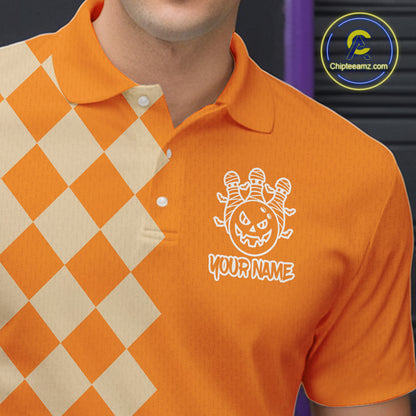 Orange Argyle Pattern Custom Halloween Mens Bowling Shirts, Personalized Bowling Team Shirt NQS10466