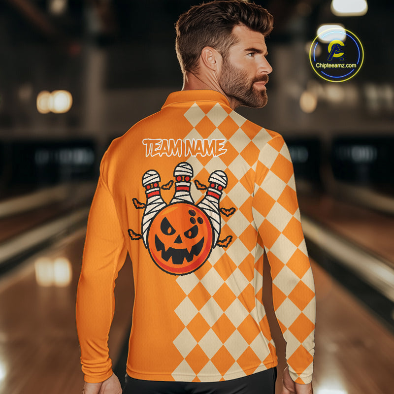 Orange Argyle Pattern Custom Halloween Mens Bowling Shirts, Personalized Bowling Team Shirt NQS10466