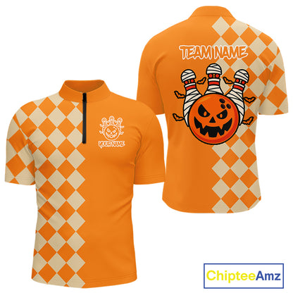 Orange Argyle Pattern Custom Halloween Mens Bowling Shirts, Personalized Bowling Team Shirt NQS10466