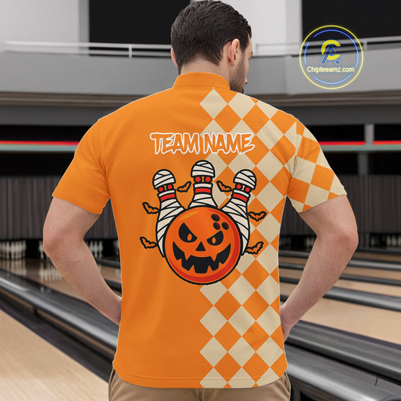 Orange Argyle Pattern Custom Halloween Mens Bowling Shirts, Personalized Bowling Team Shirt NQS10466