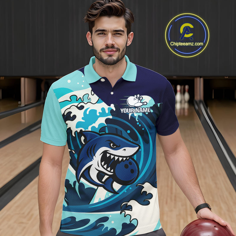 Custom Blue Shark Bowling Polo, Quarter Zip Shirts For Men, Personalized Shark Bowling Team Shirt NQS10469