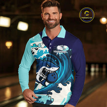 Load image into Gallery viewer, Custom Blue Shark Bowling Polo, Quarter Zip Shirts For Men, Personalized Shark Bowling Team Shirt NQS10469