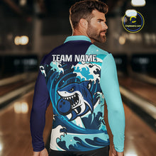 Load image into Gallery viewer, Custom Blue Shark Bowling Polo, Quarter Zip Shirts For Men, Personalized Shark Bowling Team Shirt NQS10469