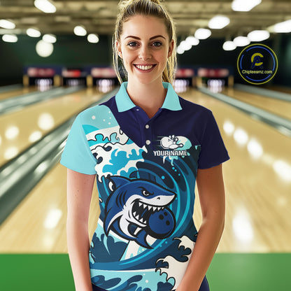Custom Blue Shark Bowling Polo, Quarter Zip Shirts For Ladies, Personalized Shark Bowling Team Shirt NQS10469